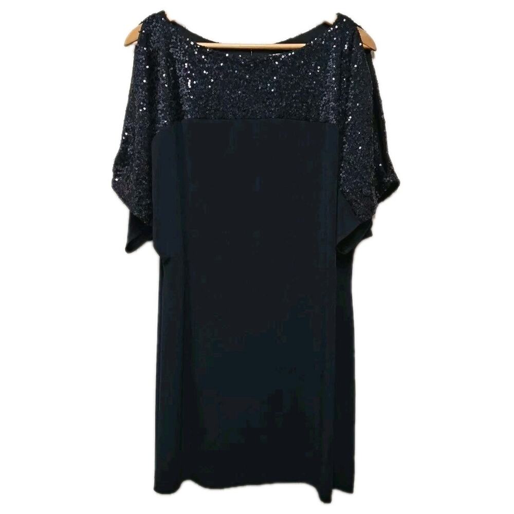 Jackie Jon NY Shift Mini Dress Womens 10 Navy Blue Jersey Sequins Cocktail Party